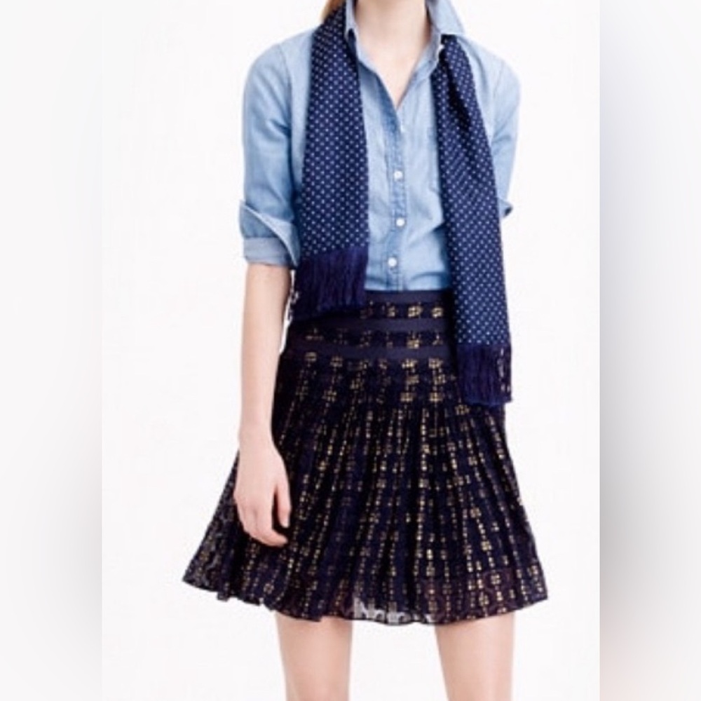Jcrew pleated skirt navy and gold metallic size 10